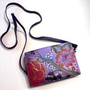 Anuschka Hand Painted Organizer Wallet Crossbody Purse Clutch Genuine Leather